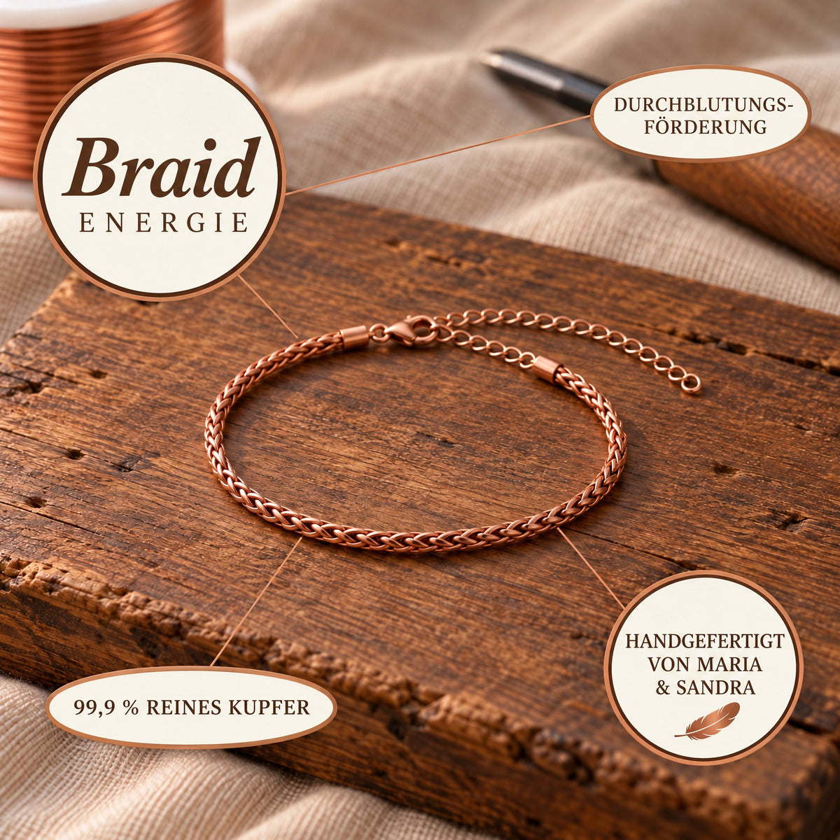 Braid-Kupfer-Fusskettchen, 99,9 % reines Kupfer, handgefertigt