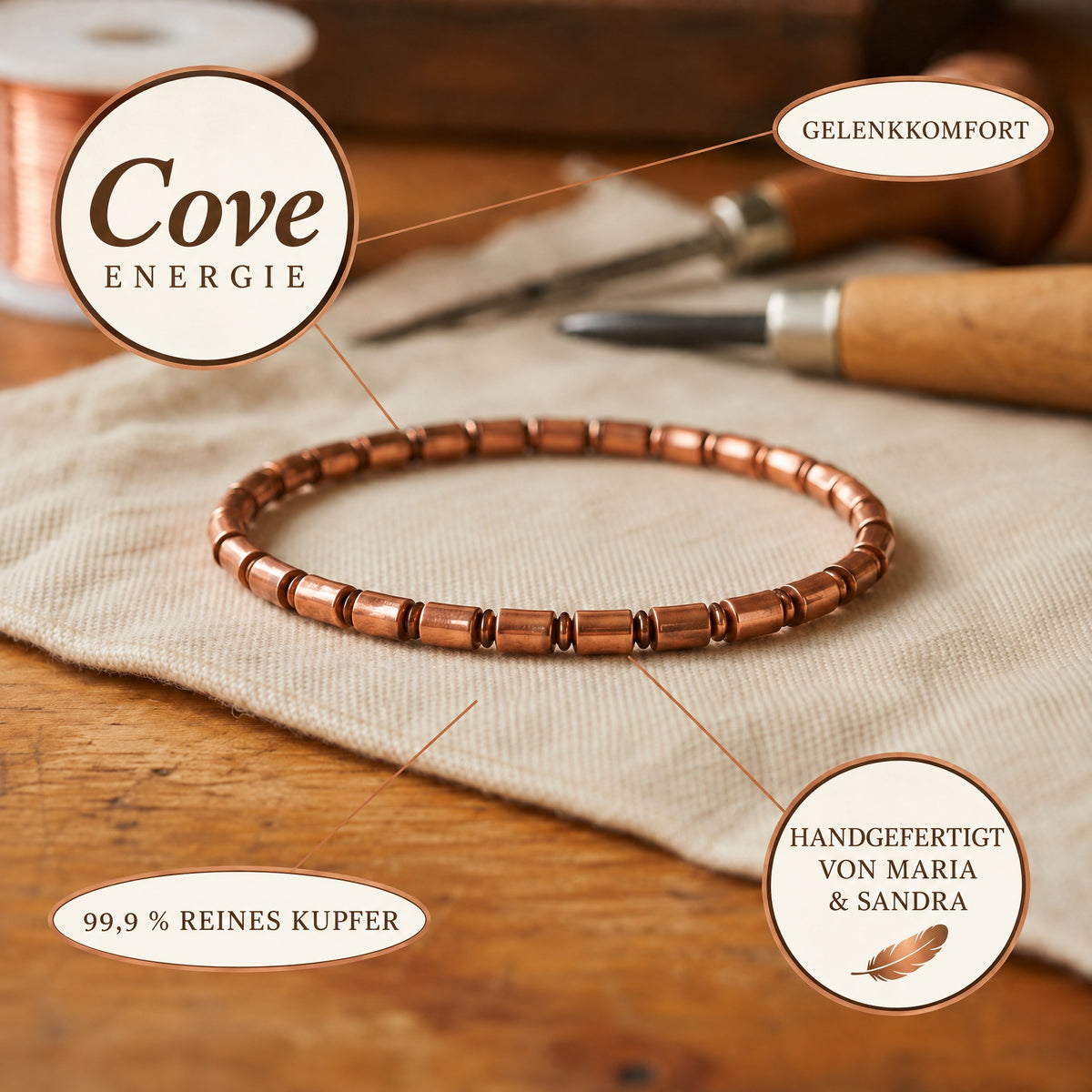 Cove-Kupfer-Fusskettchen, 99,9 % reines Kupfer, handgefertigt