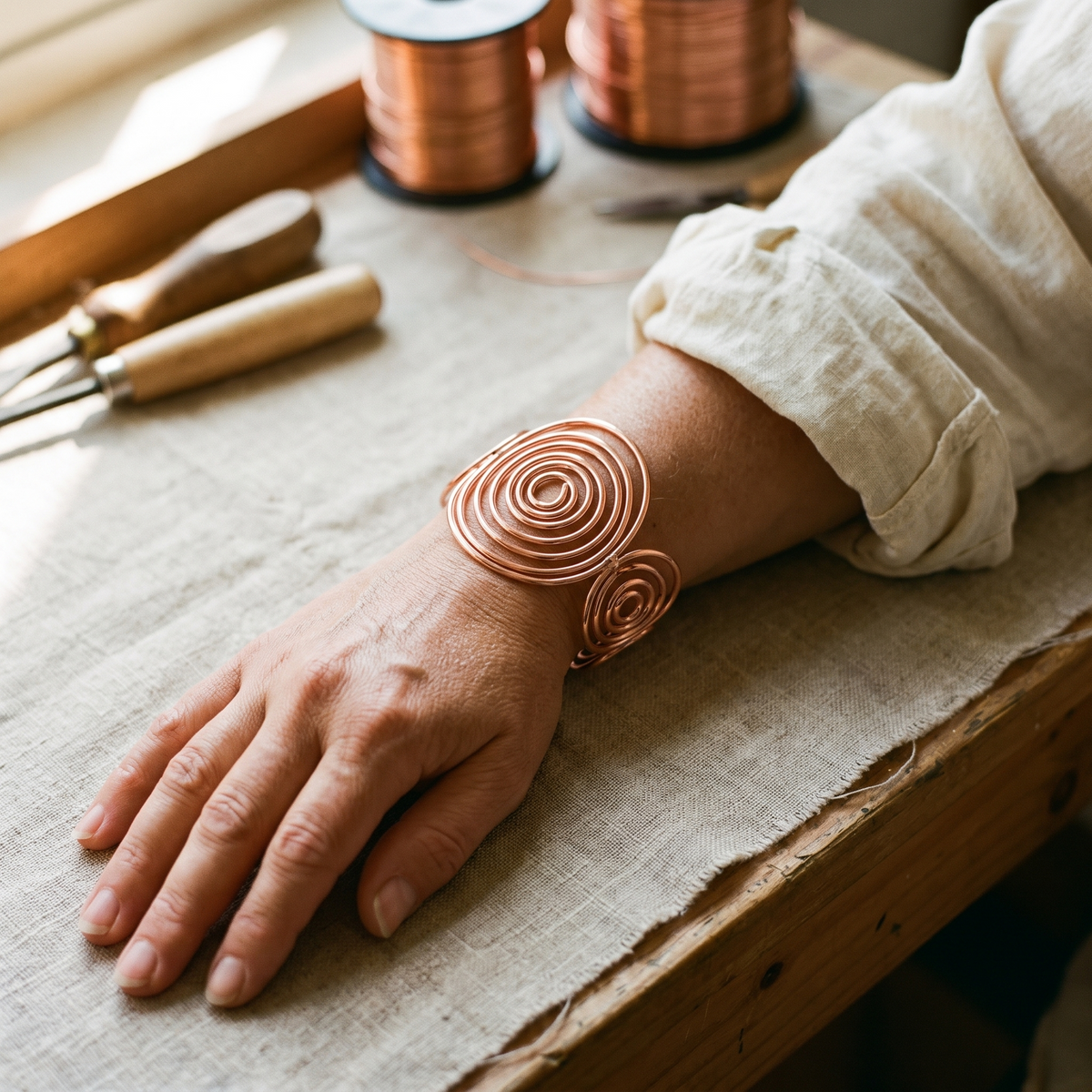 Spiral-Kupferarmband am Handgelenk
